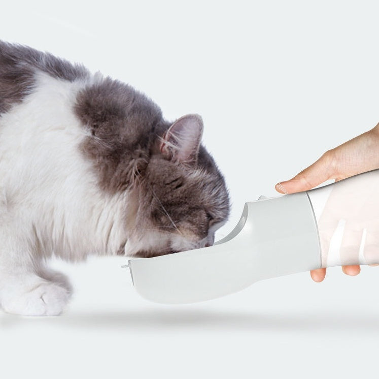 2-in-1 portable pet water dispenser with cat drinking from the spout, held by hand