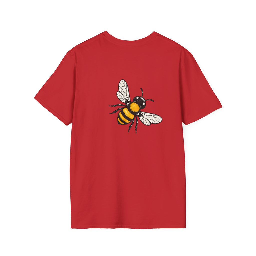 Red T-shirt with centered bee illustration graphic, crew neck short sleeves