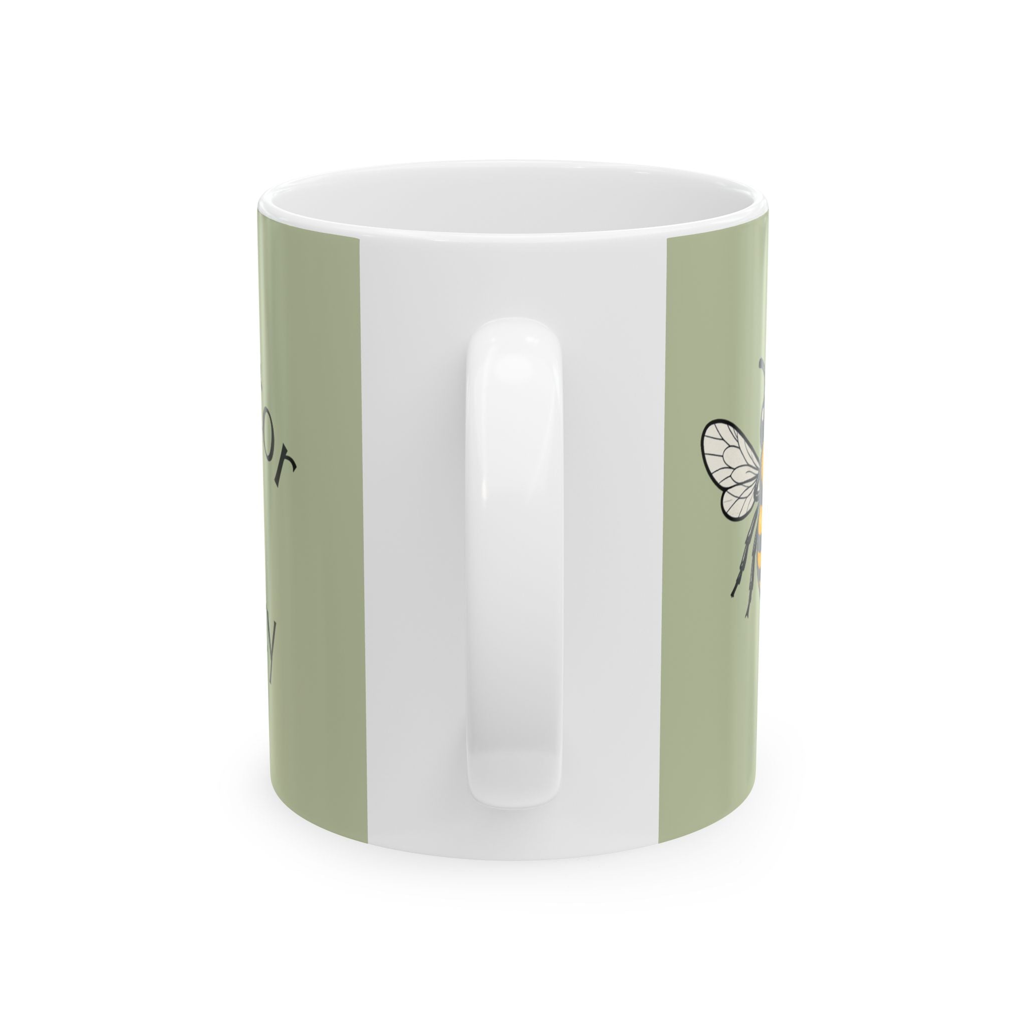 Green and white ceramic bee mug, rear side with white stripe and small bee outline