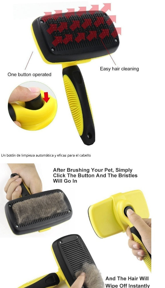 Yellow self-cleaning pet grooming brush with black handle, retractable comb head