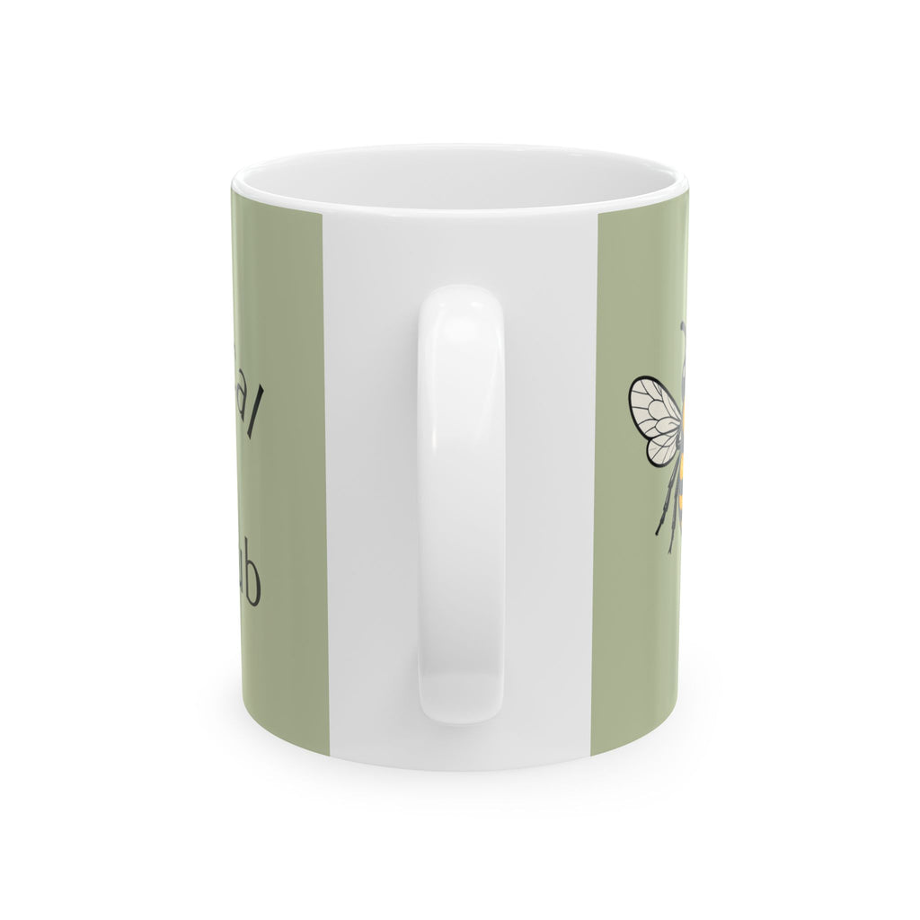 Botanical bee mug back, light green with outlined bee graphic