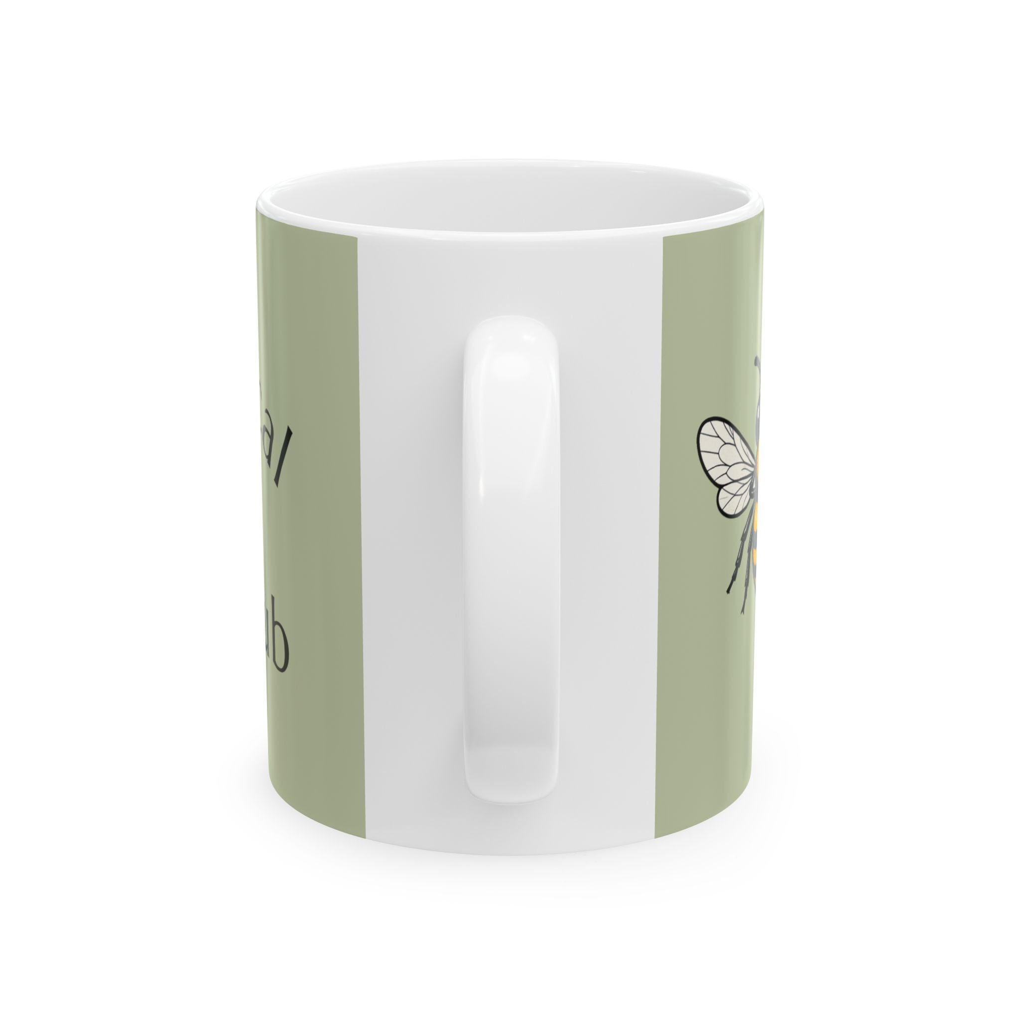 Botanical bee mug back, light green with outlined bee graphic