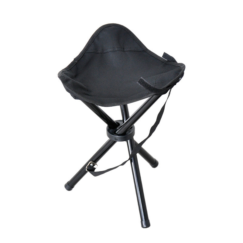 Black folding tripod stool with fabric seat and black steel tripod base