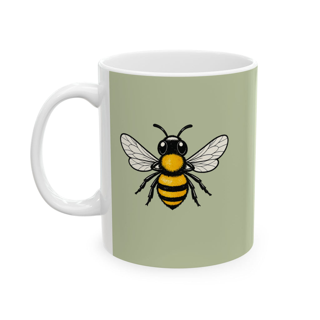 Botanical bee mug, light green with centered cartoon bee and white handle