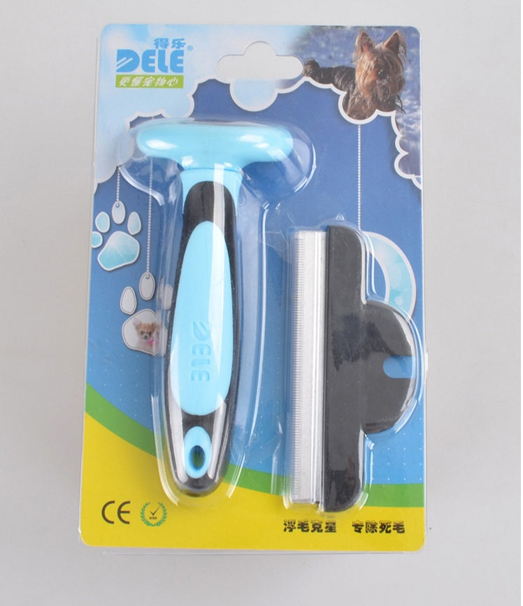 Blue pet deshedding comb in retail blister packaging with hanging hook.