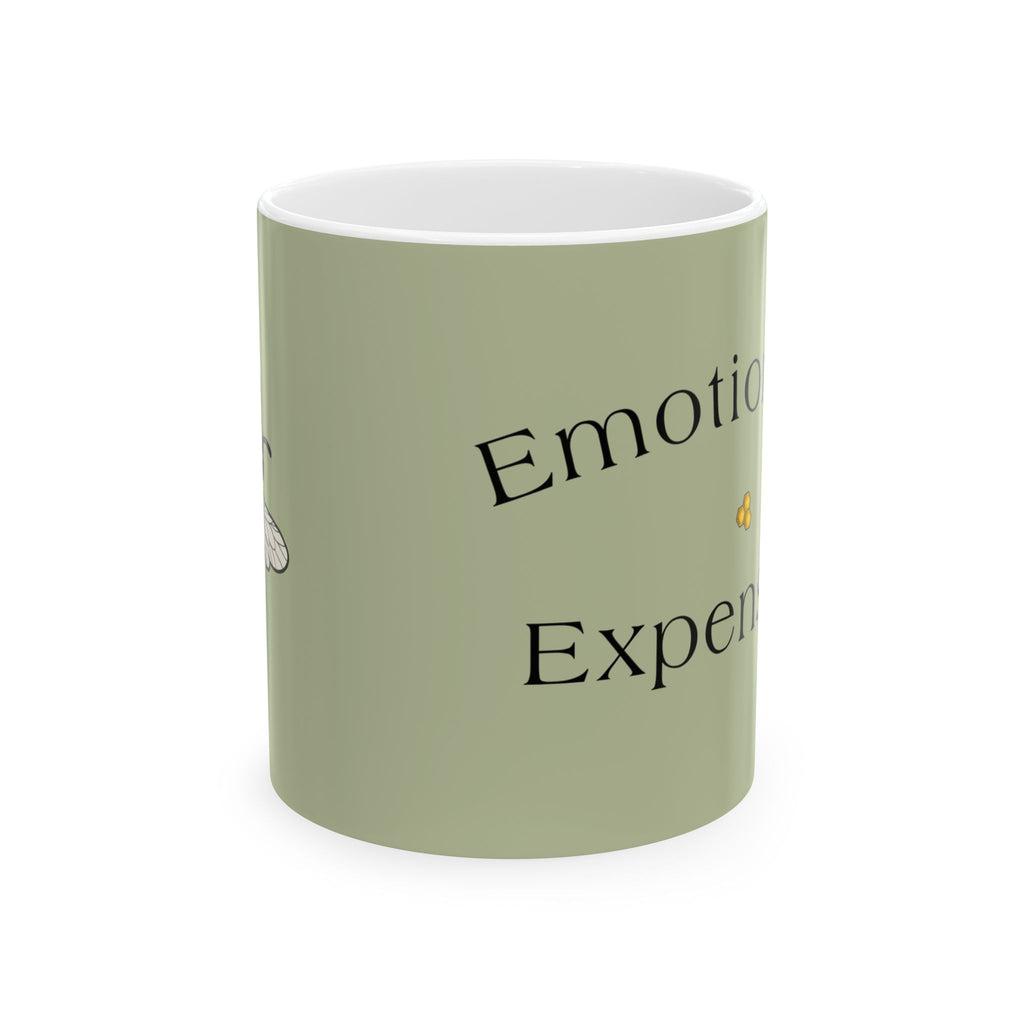 Green ceramic mug with partial black serif text and decorative bee accents