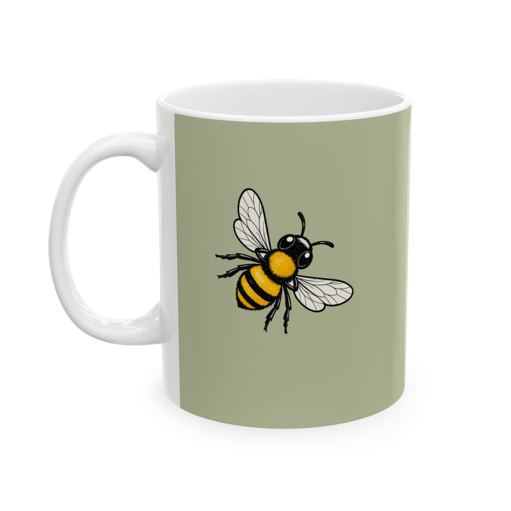 Light green ceramic mug with bee illustration on front and white interior.