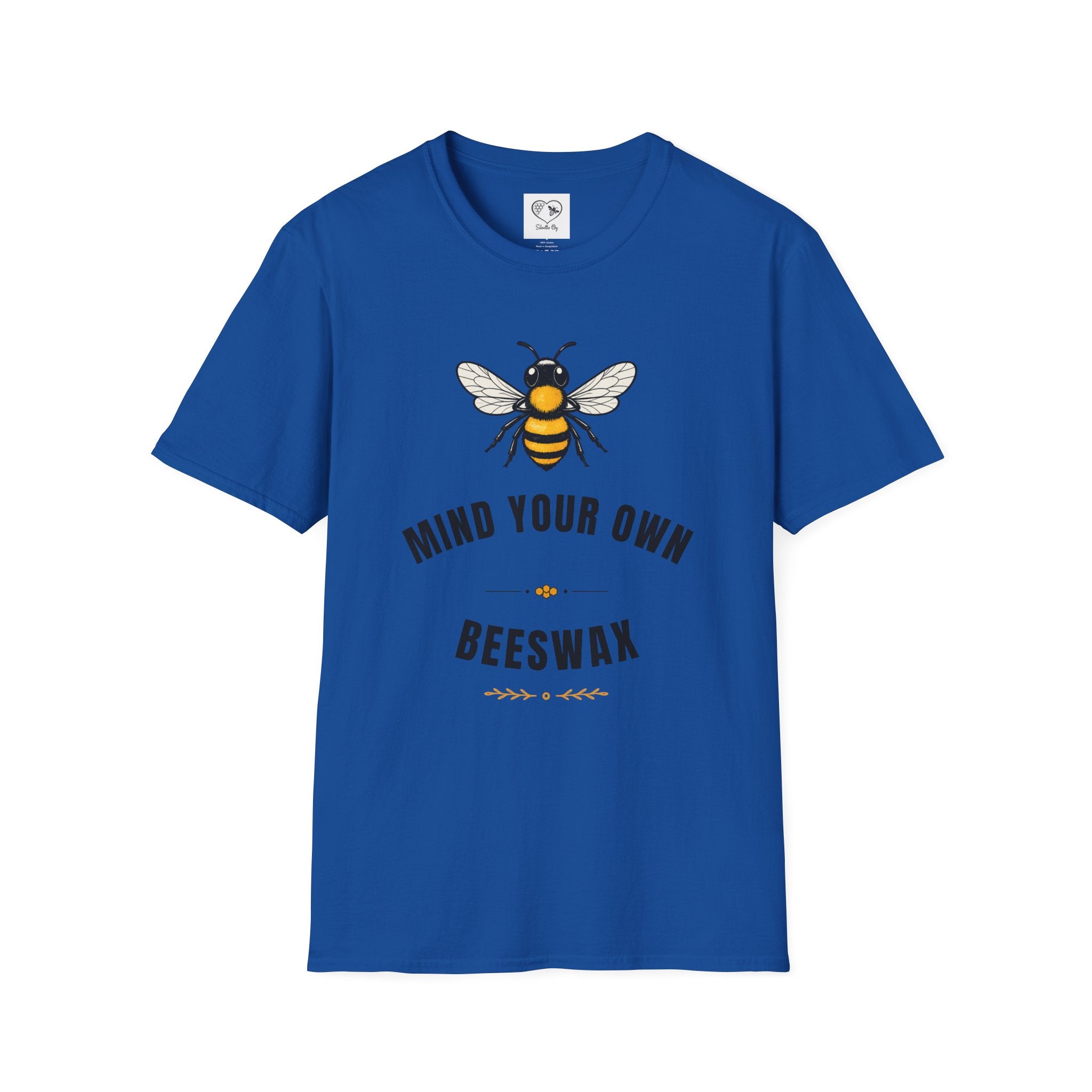 Royal blue T-shirt showing bee graphic with 'Mind your own Beeswax' lettering