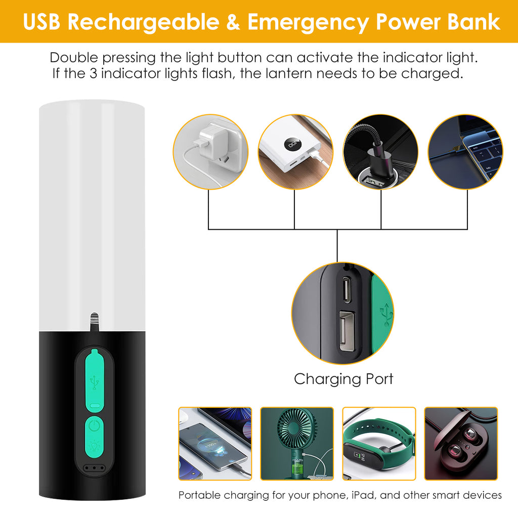 USB rechargeable camping lantern acting as an emergency power bank with charging ports