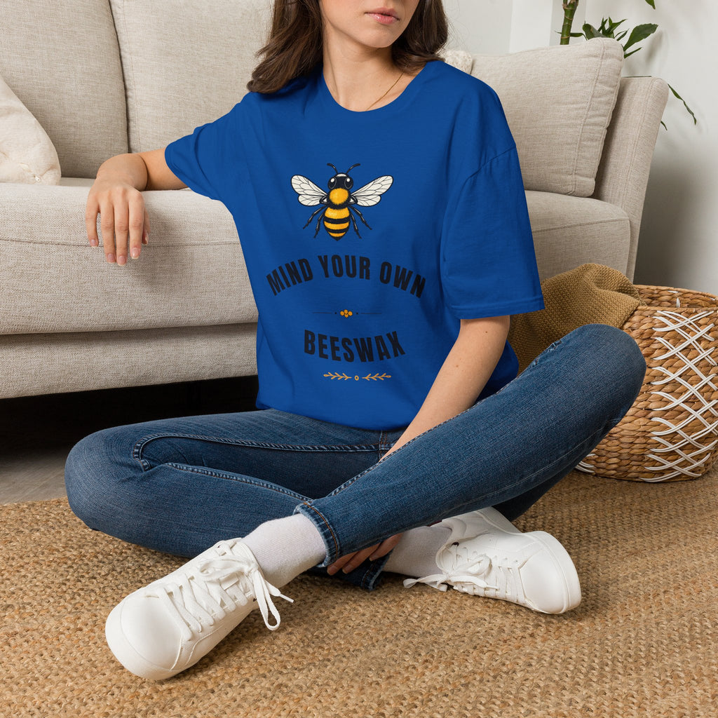 Royal blue T-shirt with bee graphic and 'Mind your own Beeswax' text