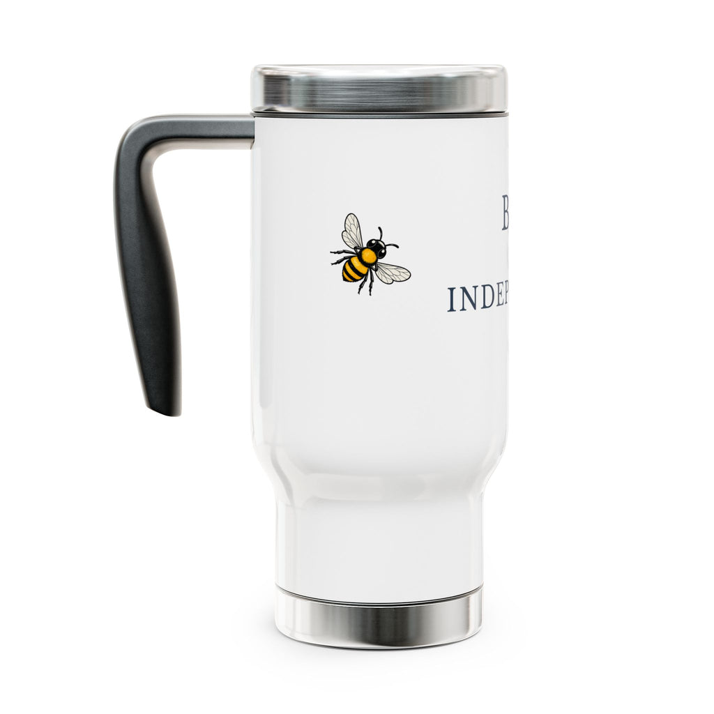 White stainless steel travel mug with black handle, bee graphic, and lid