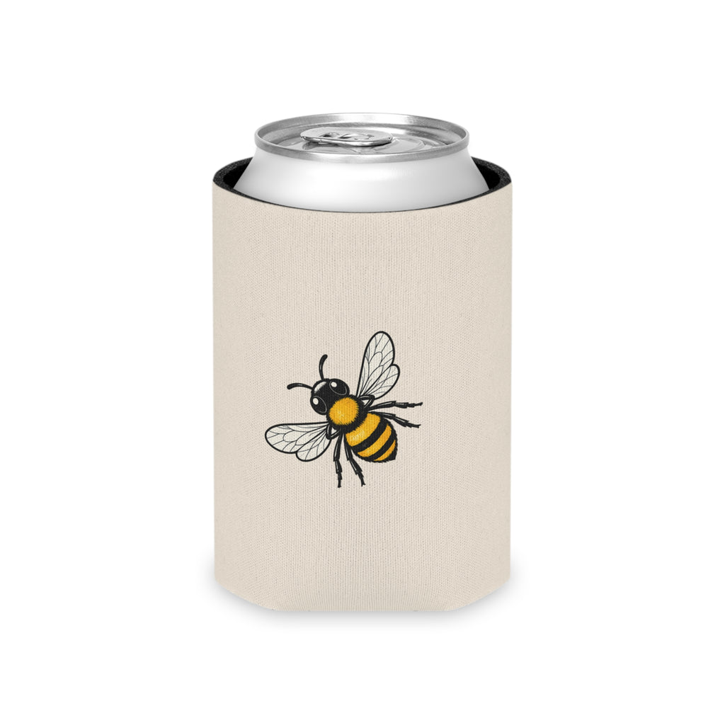 Cream can cooler sleeve with bee illustration and silver can top