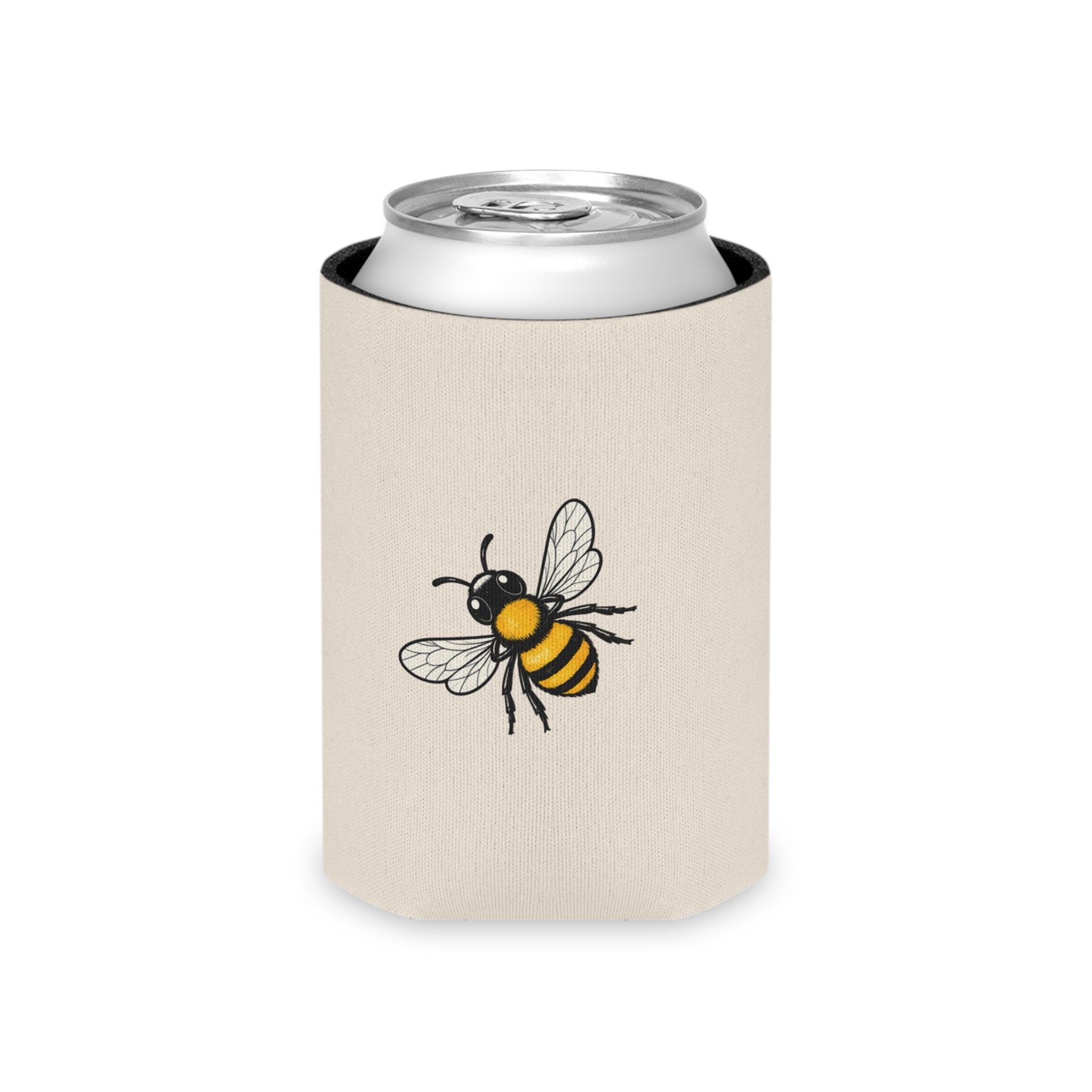 Cream can cooler sleeve with bee illustration and silver can top