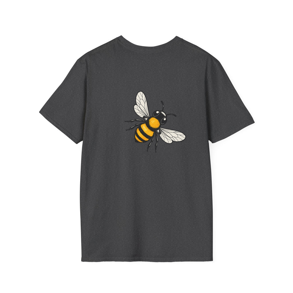 Dark heather T-shirt with centered bee illustration on the back