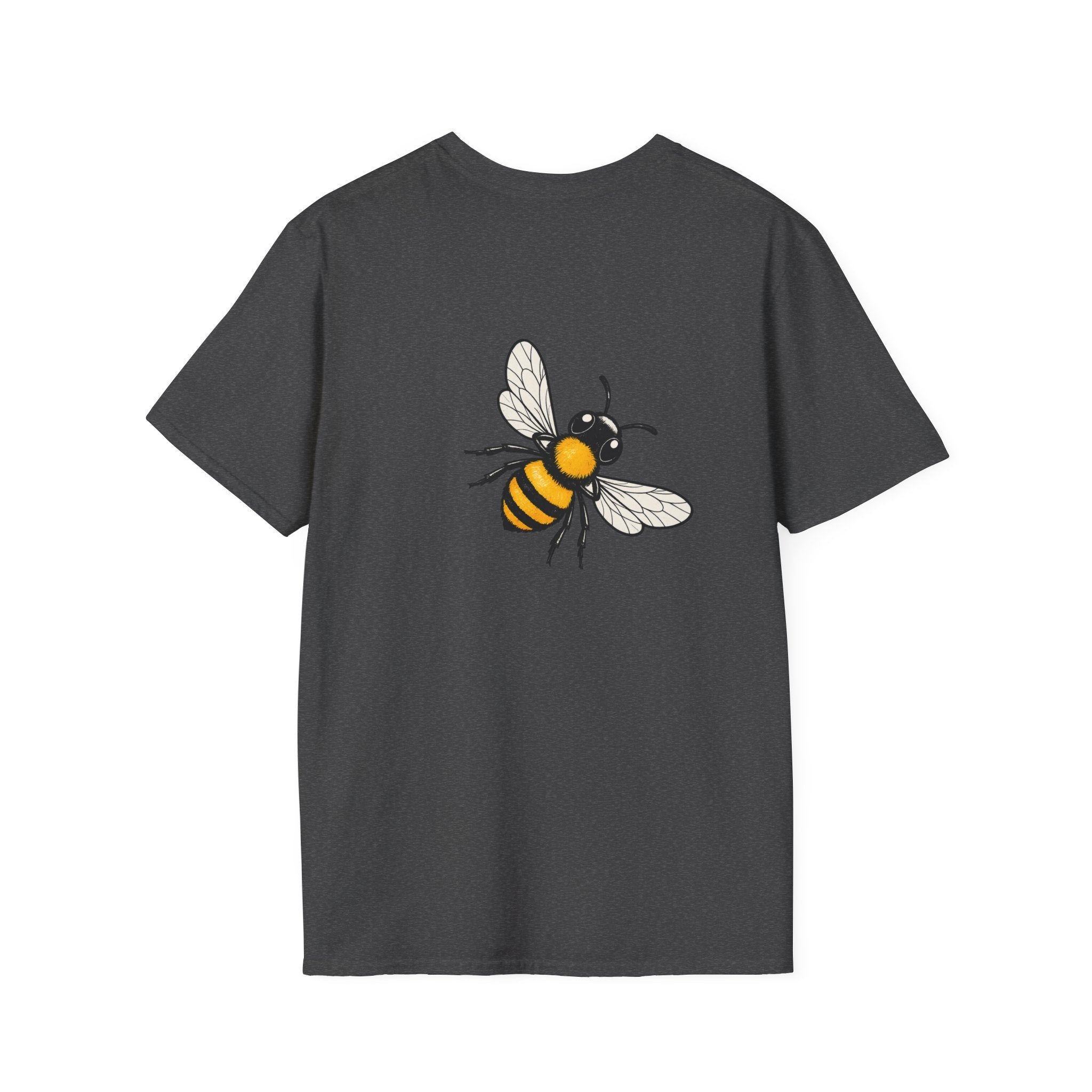 Dark heather T-shirt with centered bee illustration on the back