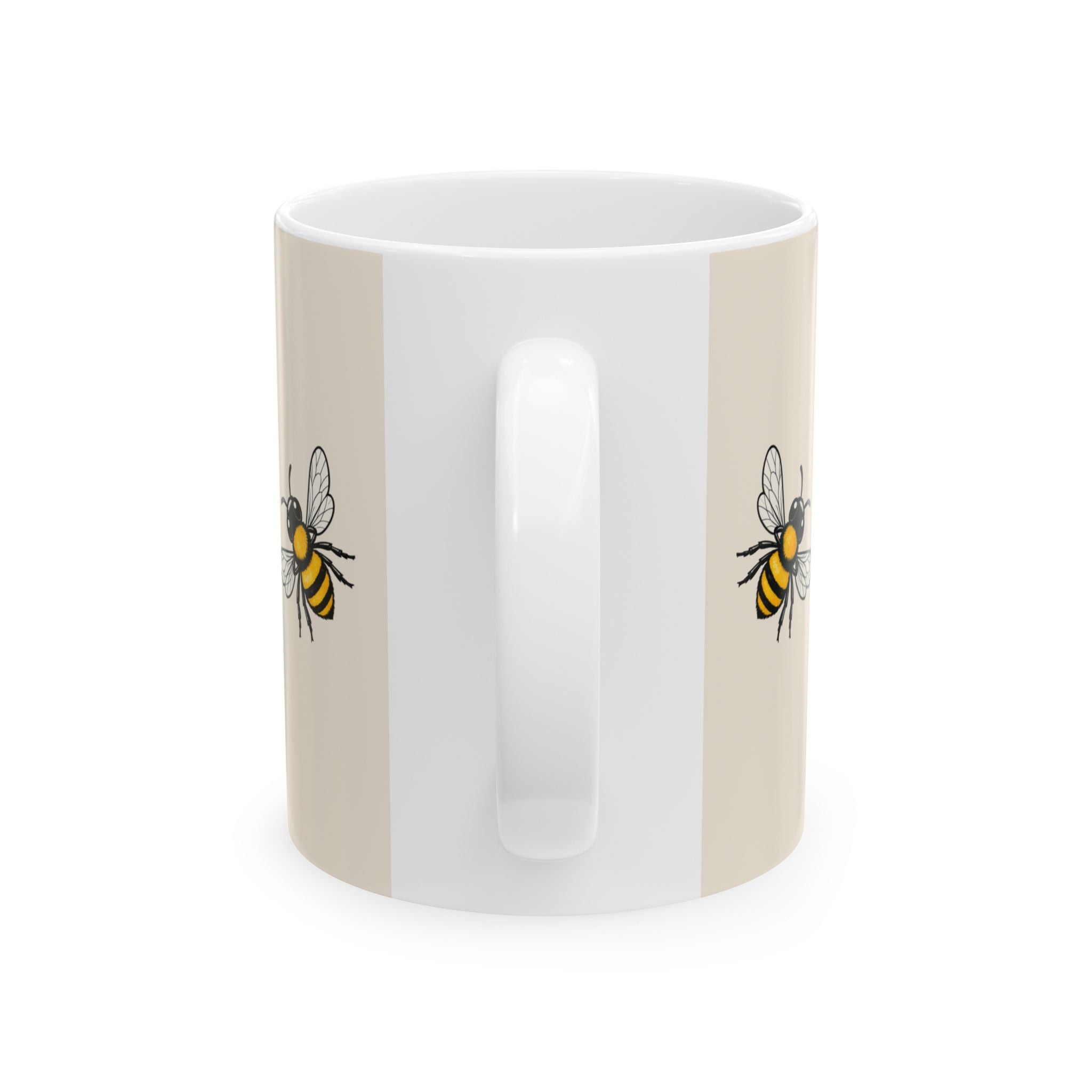 Beige ceramic mug with side bee illustrations and glossy white interior