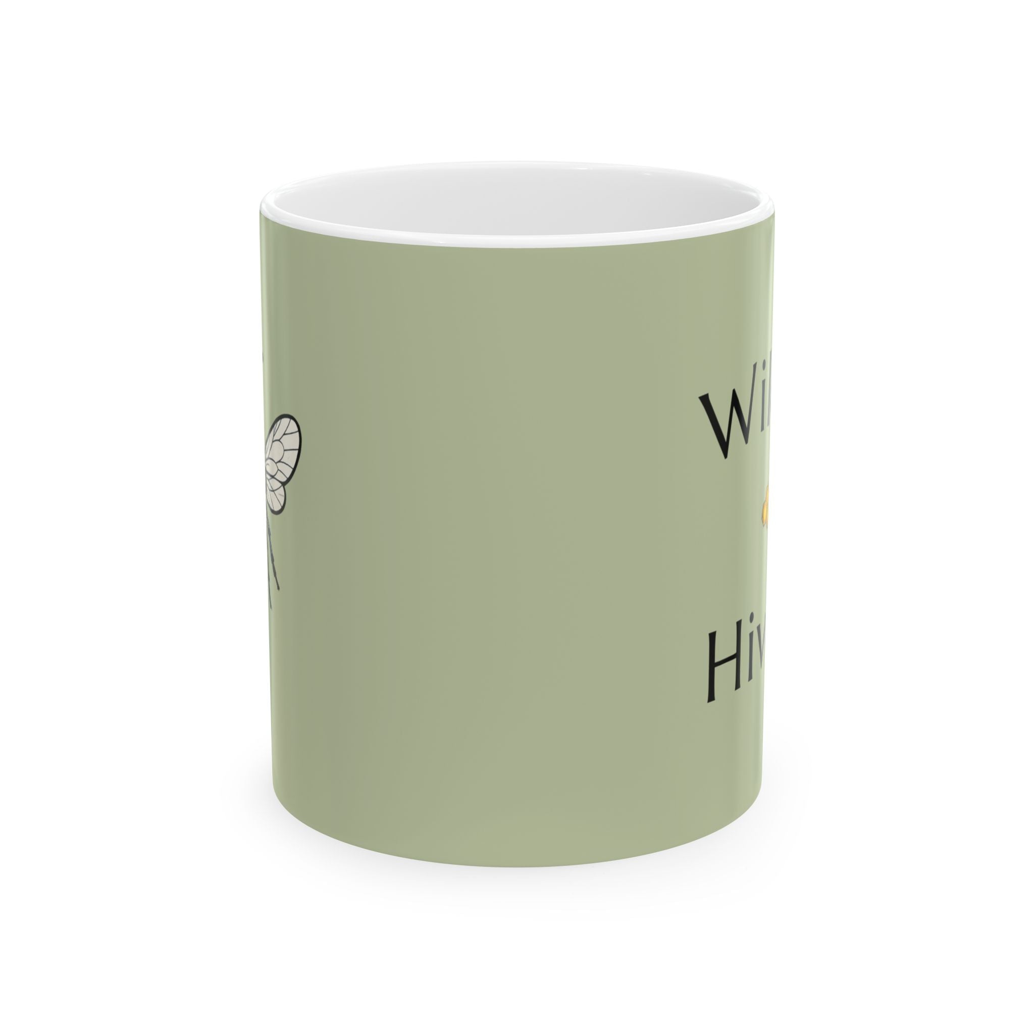 Light green ceramic mug with partial Wild Hive text on side