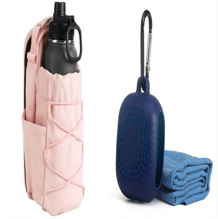 Pink fitness crossbody sling bag with front pockets and water bottle holder