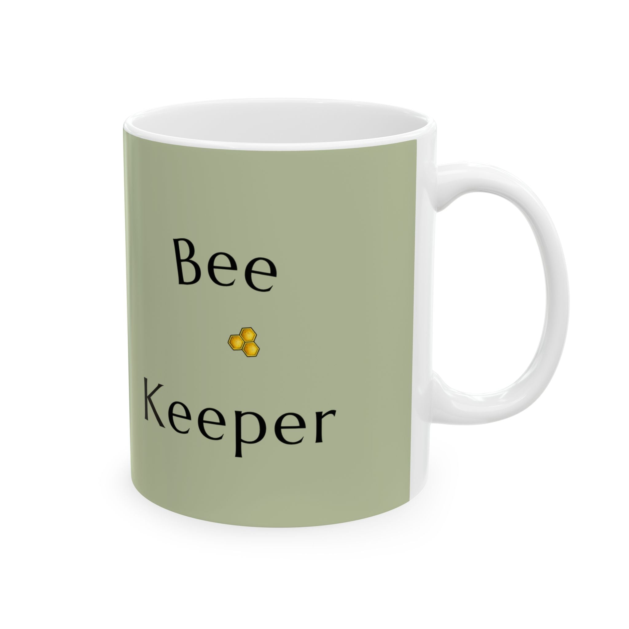 Green Bee Keeper mug with 'Bee' and 'Keeper' text and small yellow flower icon