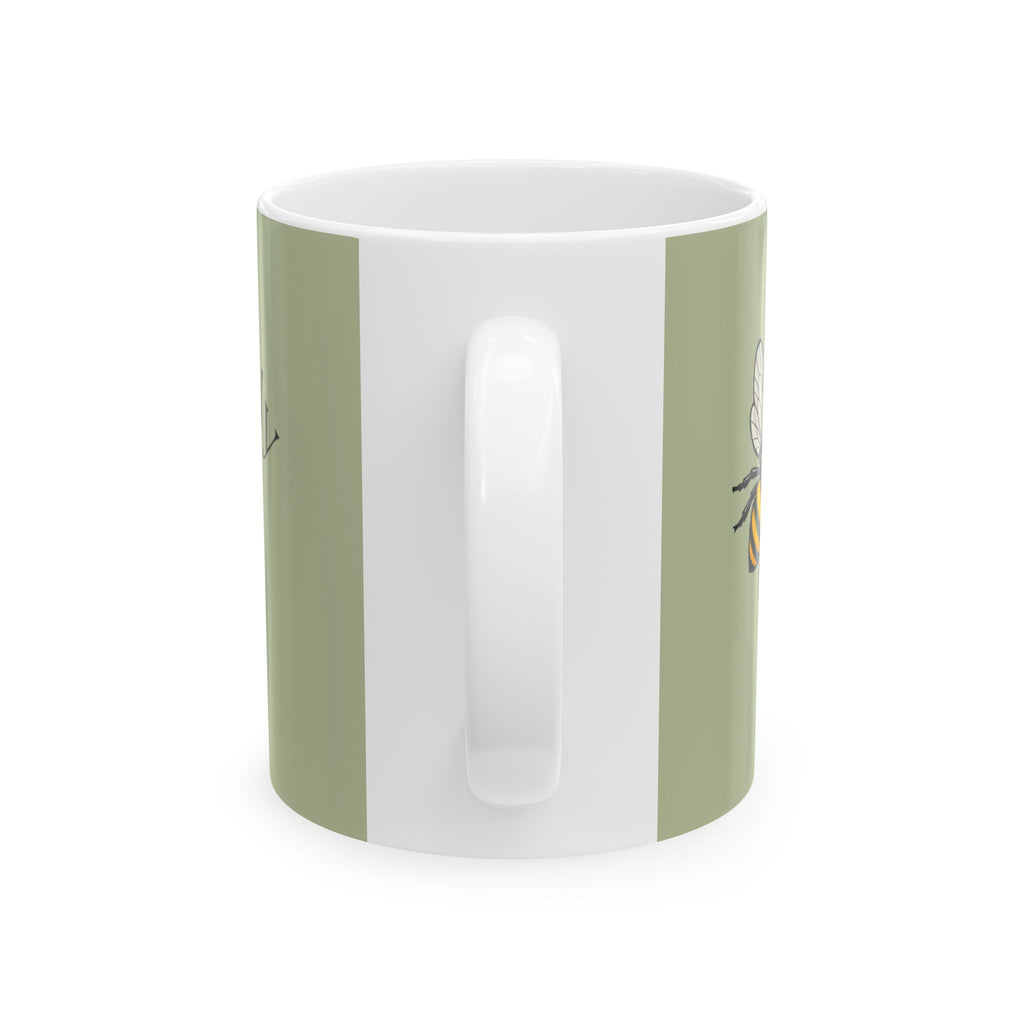 Olive and white ceramic mug with wide white panel and handle detail