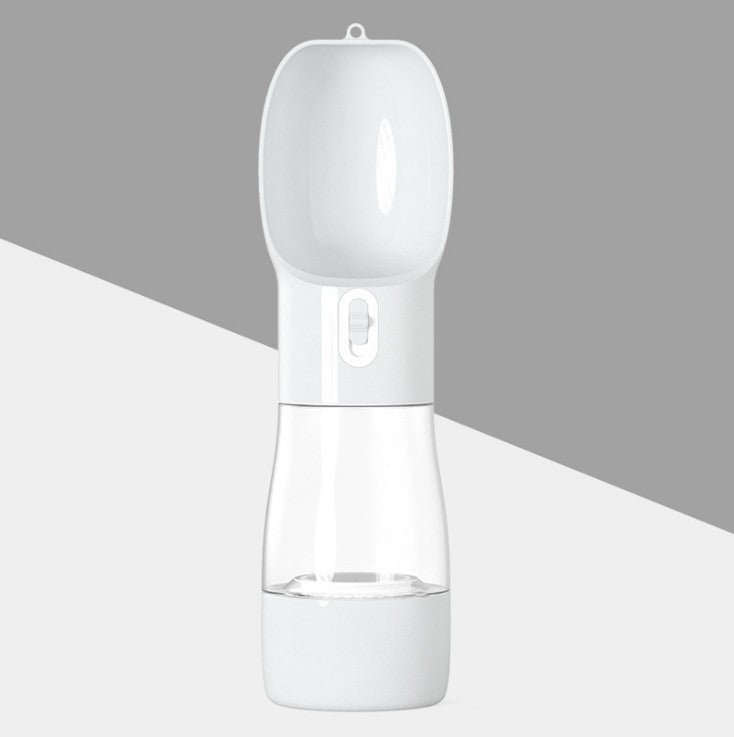 2-in-1 portable pet water and food dispenser in white with clear lower cup