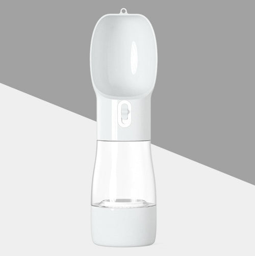 2-in-1 portable pet water and food dispenser in white with clear lower cup