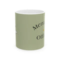 Olive green mug with partial black text wrap design