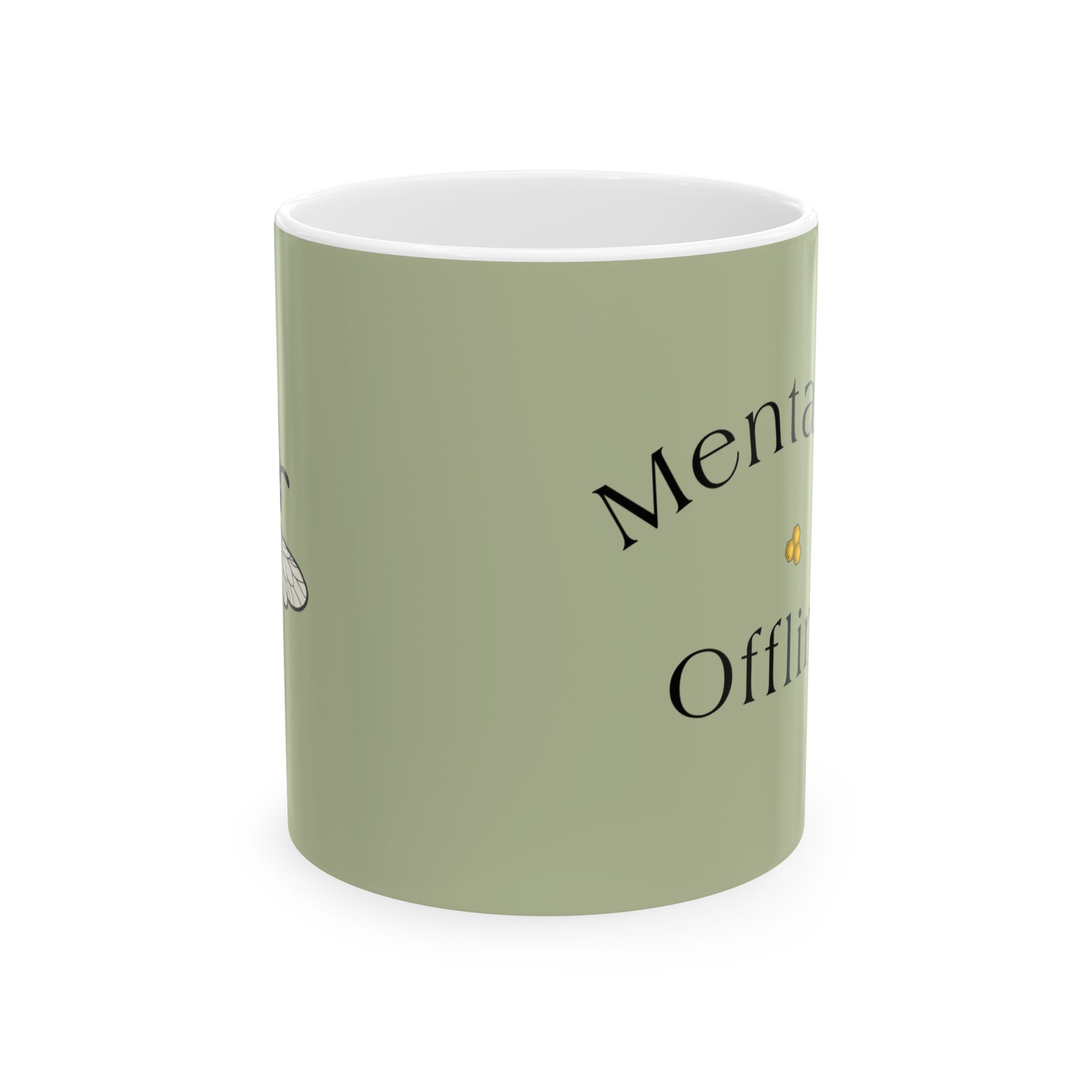 Olive green mug with partial black text wrap design