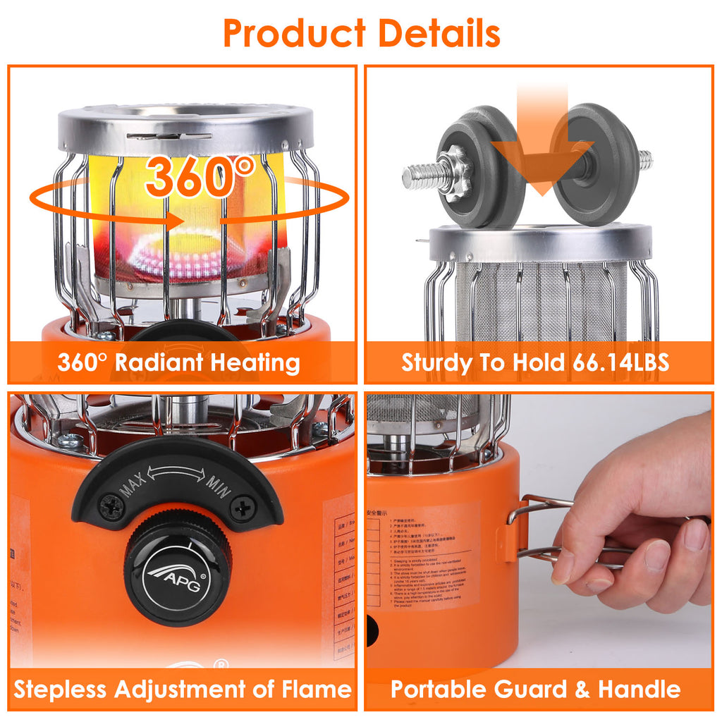 Orange outdoor gas stove and heater with radiant burner inside a metal cage