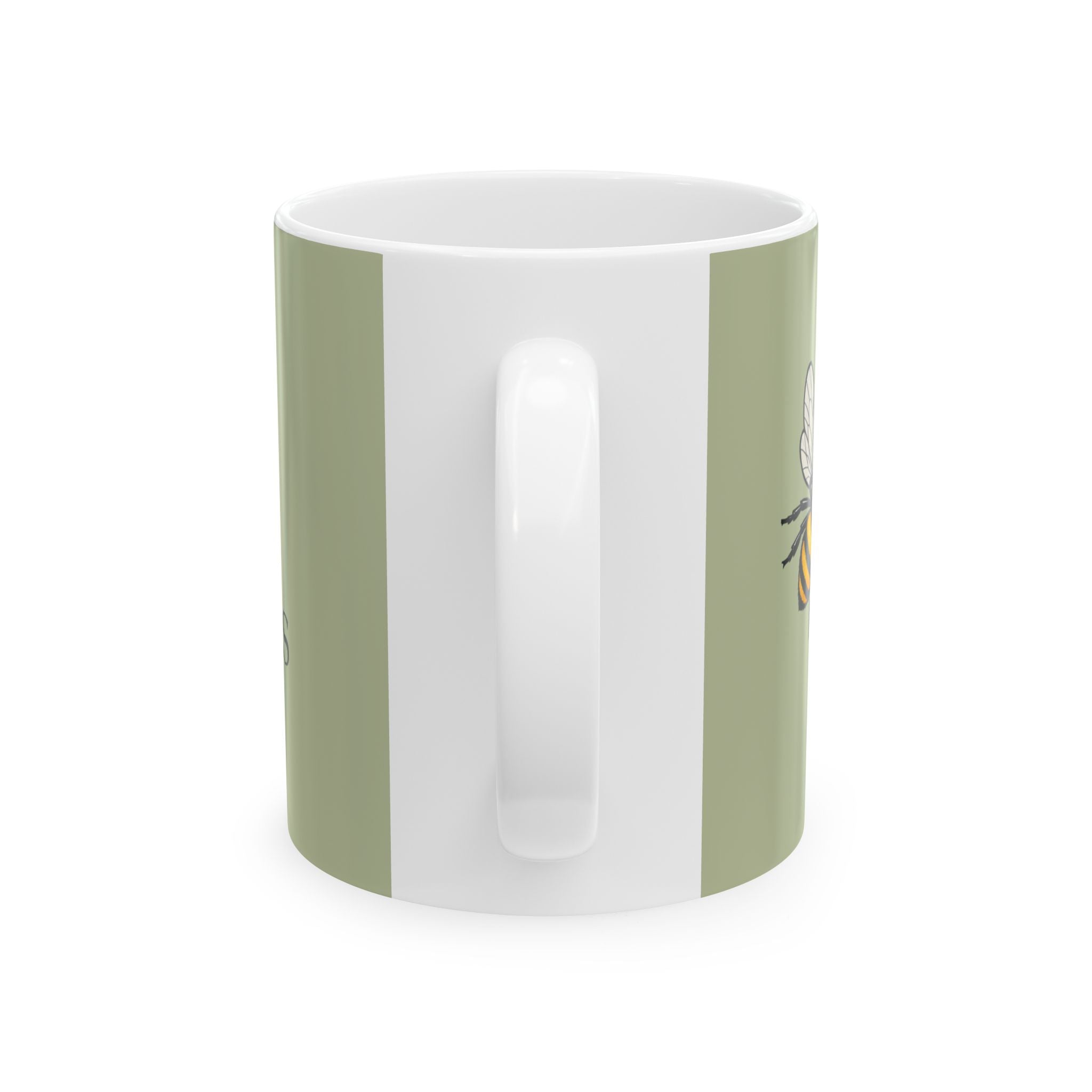Olive green mug with white interior, vertical handle view, and bee illustration on side