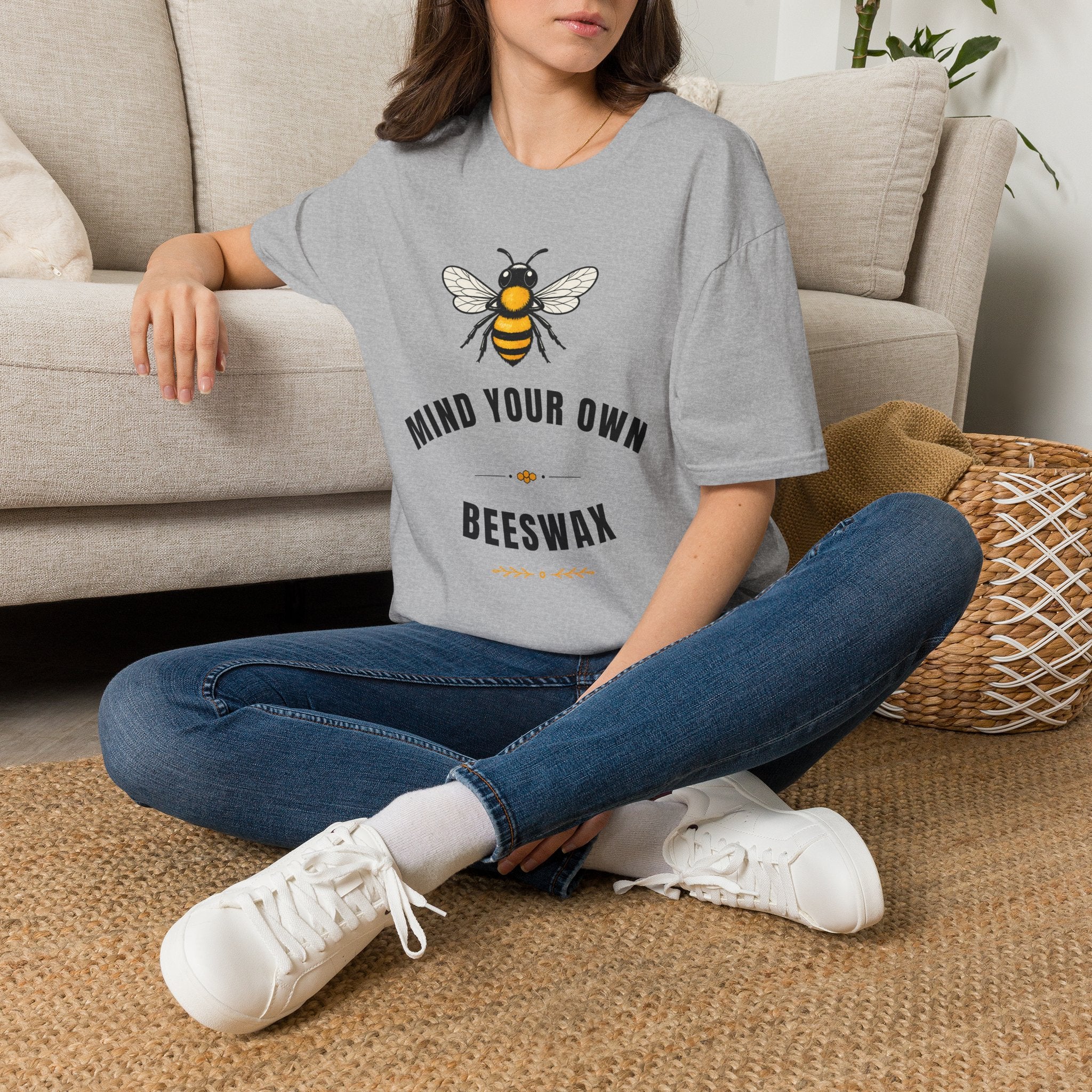 Light gray t-shirt with bee plus “MIND YOUR OWN” and “BEESWAX” text