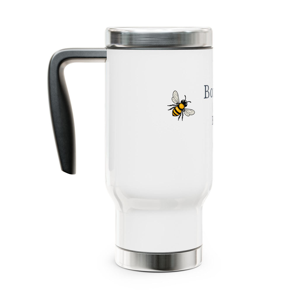 Side-view white travel mug with black handle, silver lid, and bee graphic on side