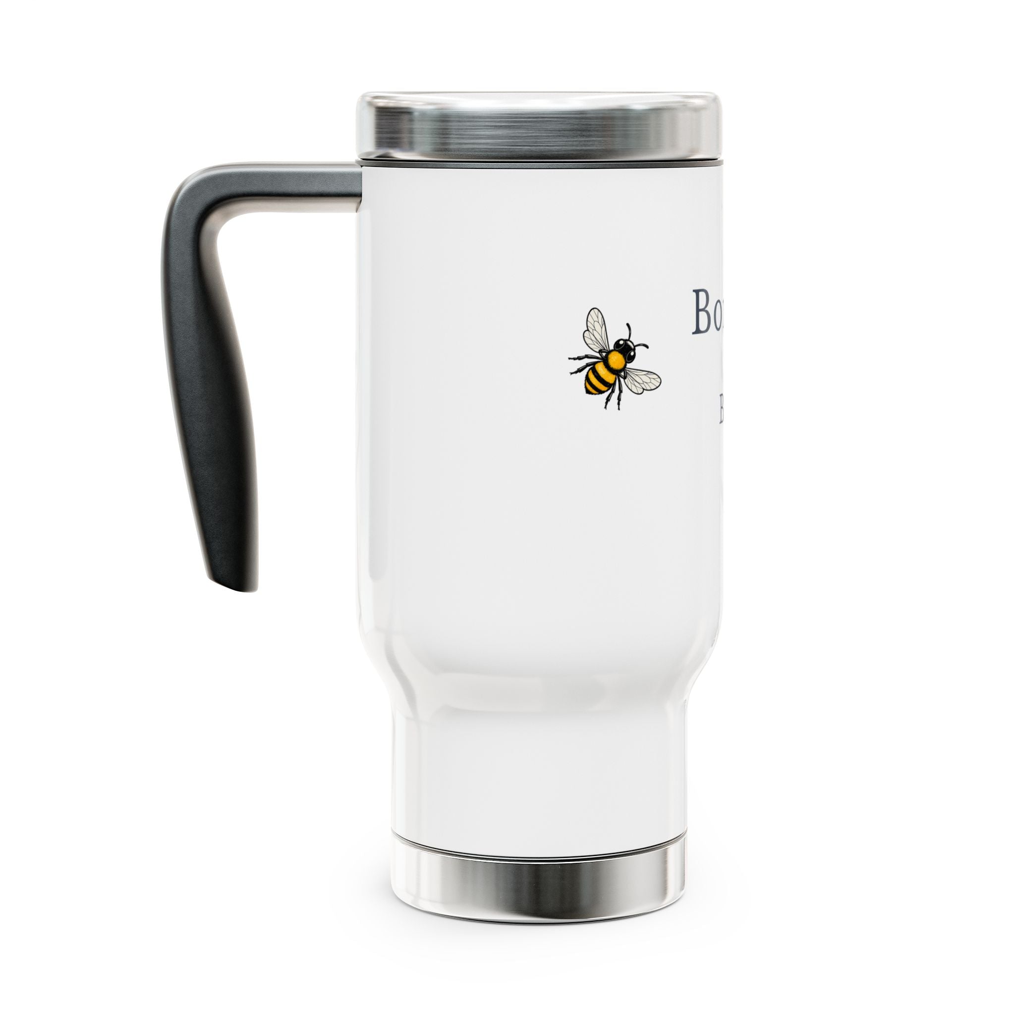 Side-view white travel mug with black handle, silver lid, and bee graphic on side