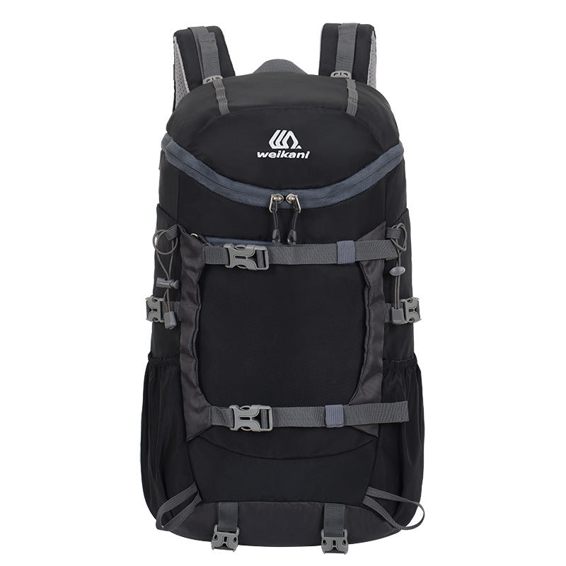 Black hiking backpack with front organizer pocket and adjustable waist straps