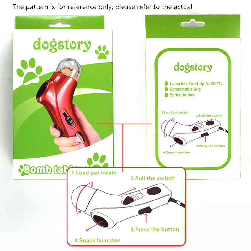 dogstory Bomb cat snack dispenser package showing red feeder and diagram