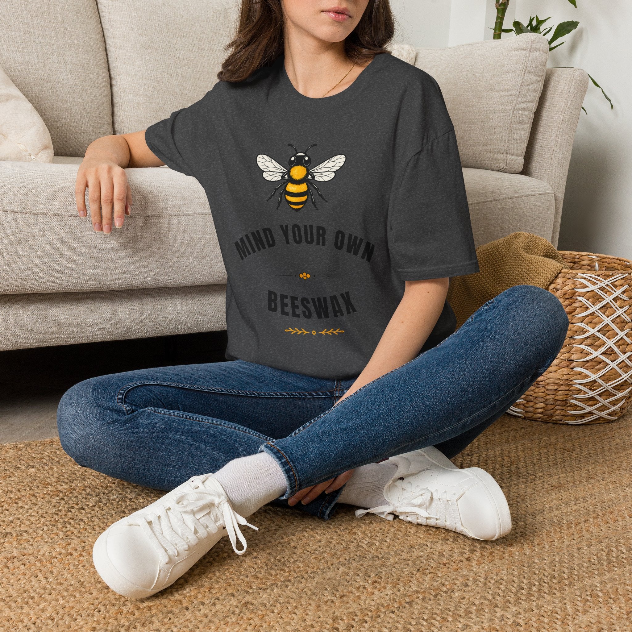 Dark heather T-shirt with bee graphic and 'Mind your own Beeswax' text