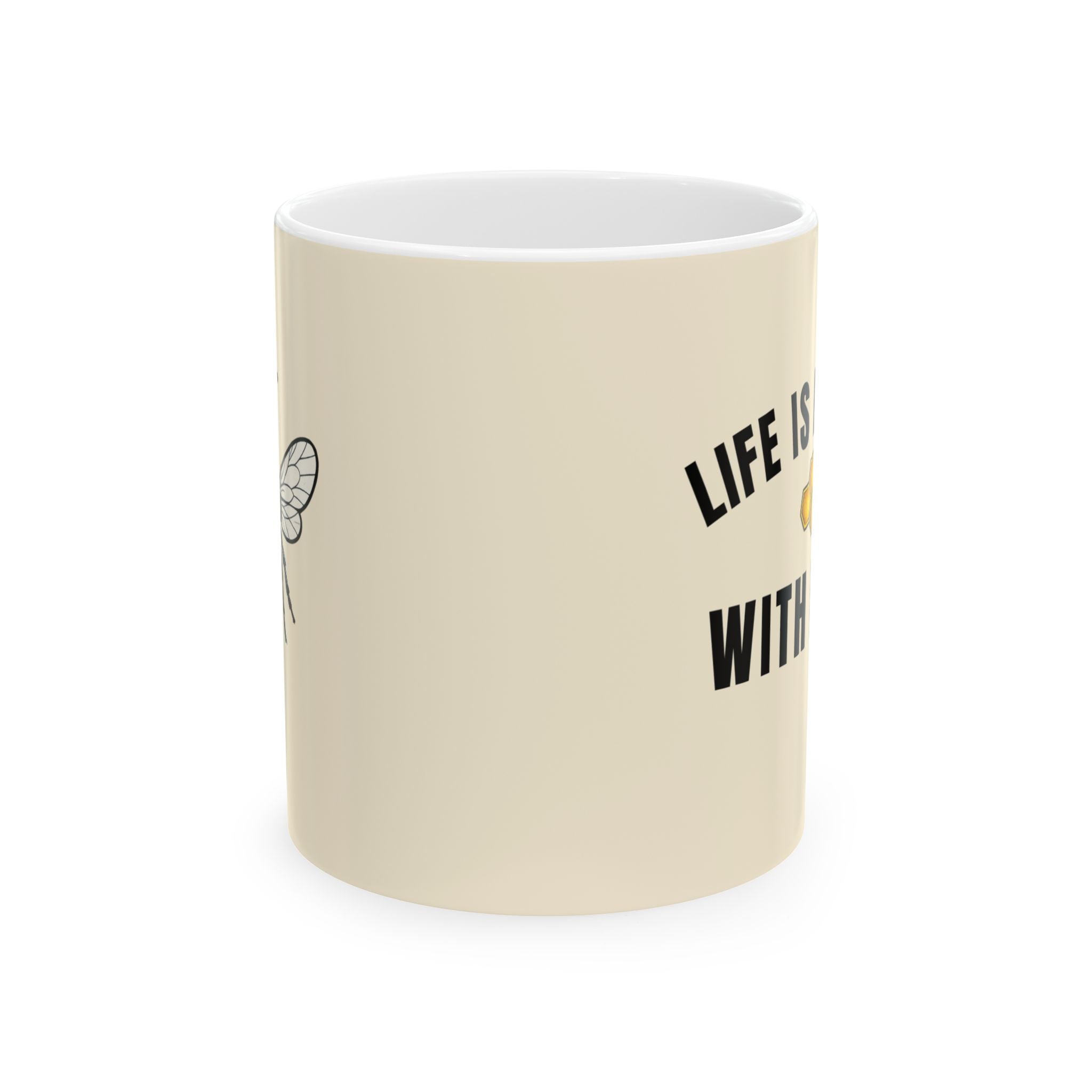 Cream ceramic coffee cup with black motivational text on side