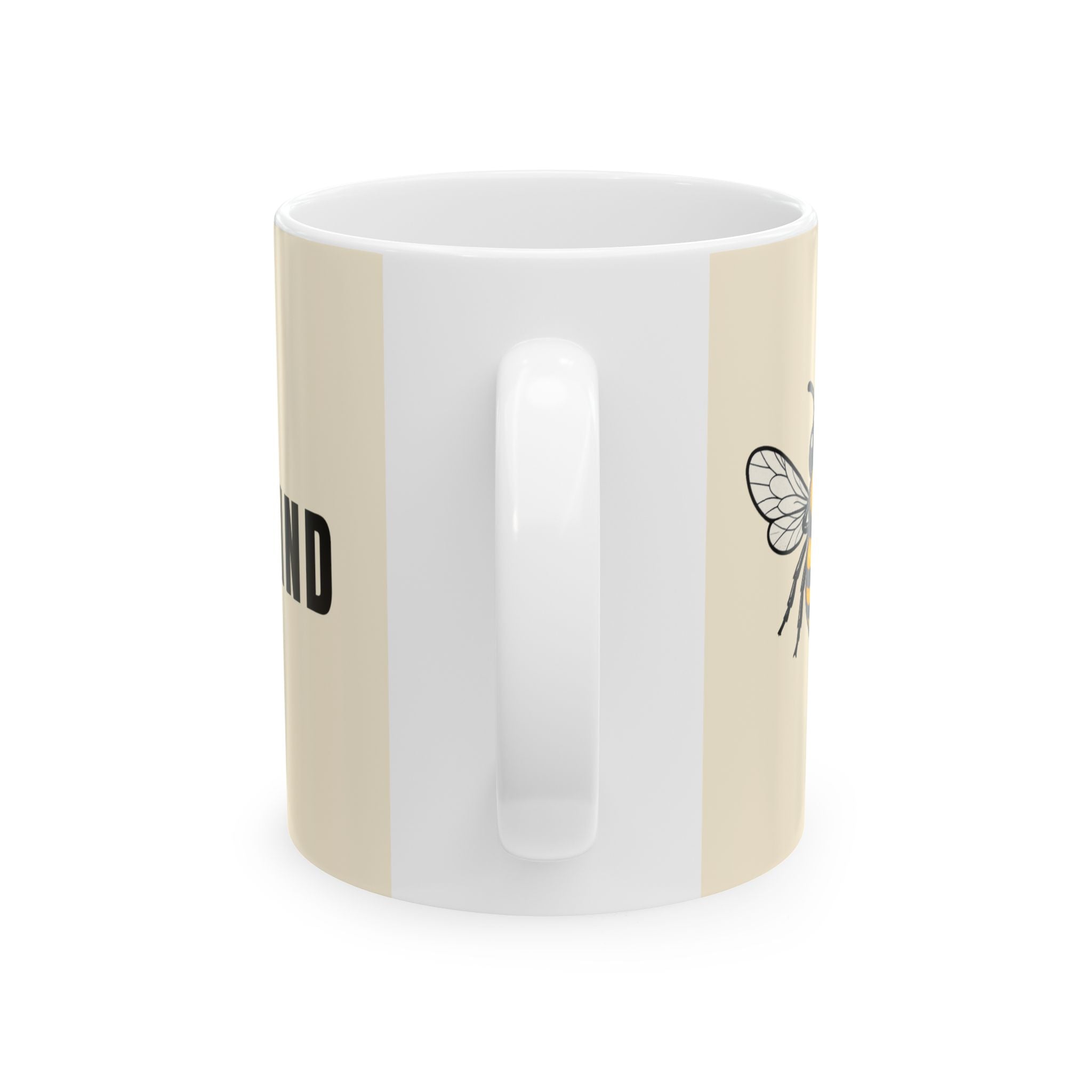 Cream ceramic mug with side bee line art and white handle