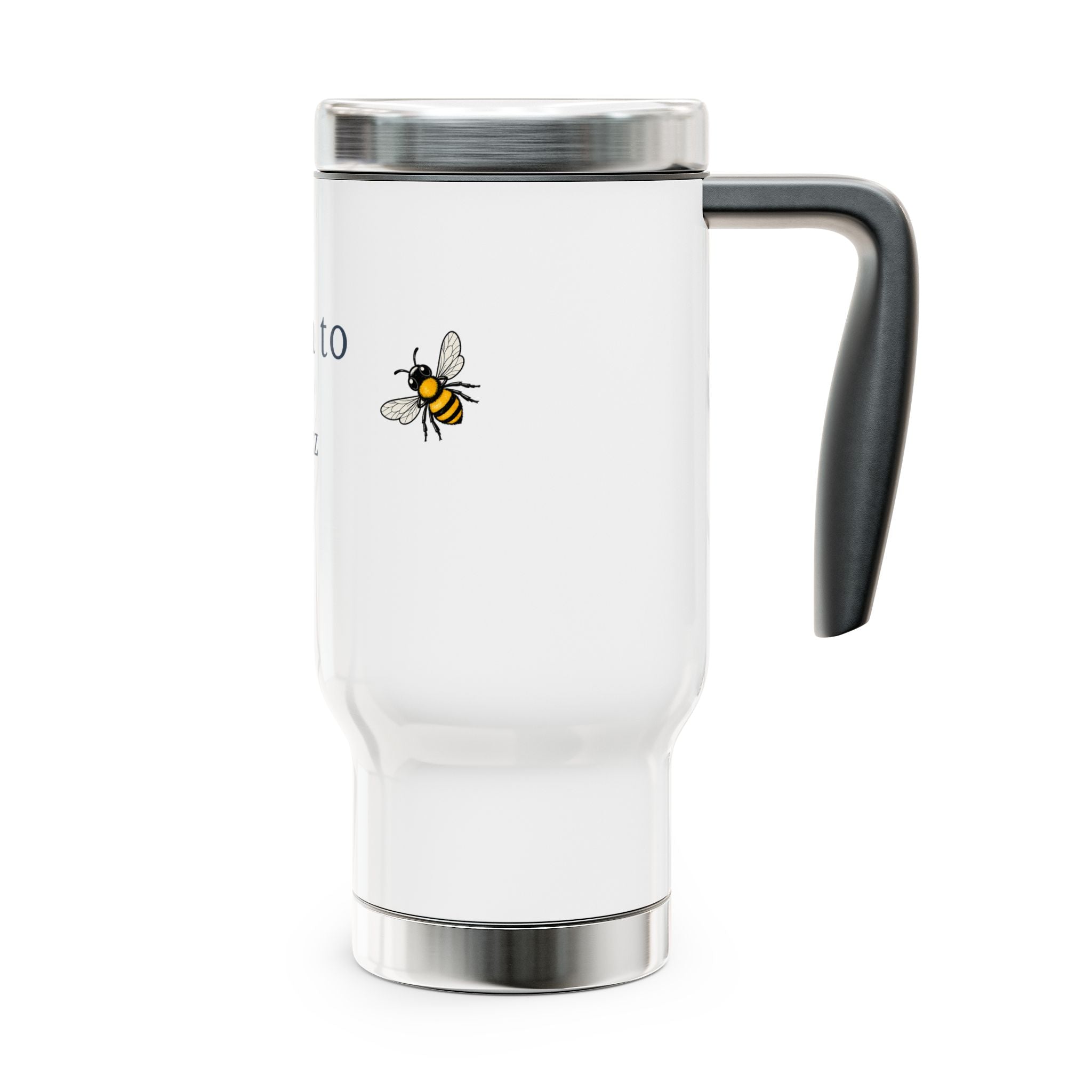 White travel mug with black handle, silver lid, and bee graphic on front