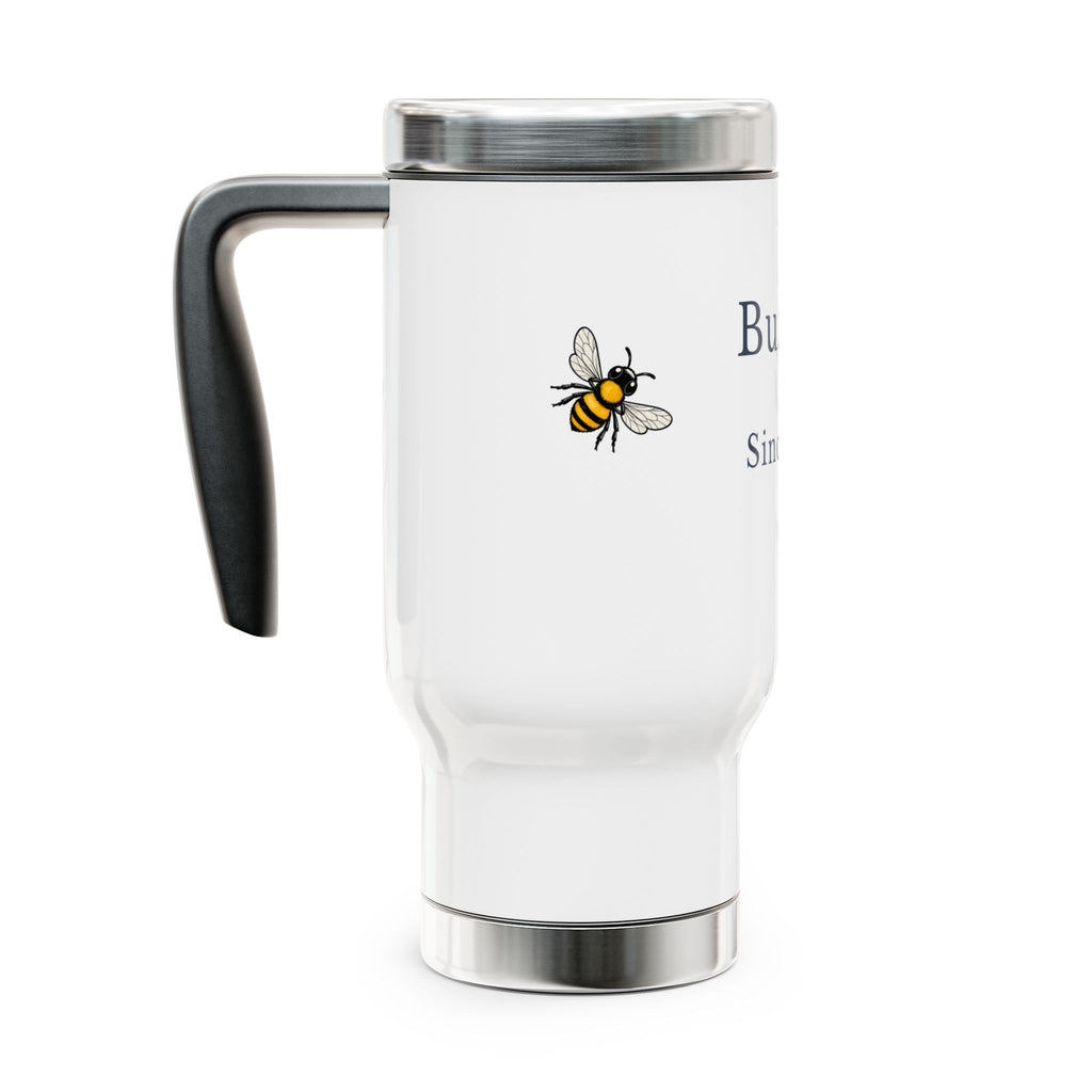 White travel mug with bee illustration and black carry handle, stainless steel lid