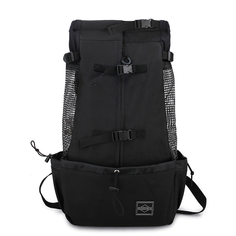 Black pet carrier backpack with mesh side panels, front pouch, and adjustable buckles