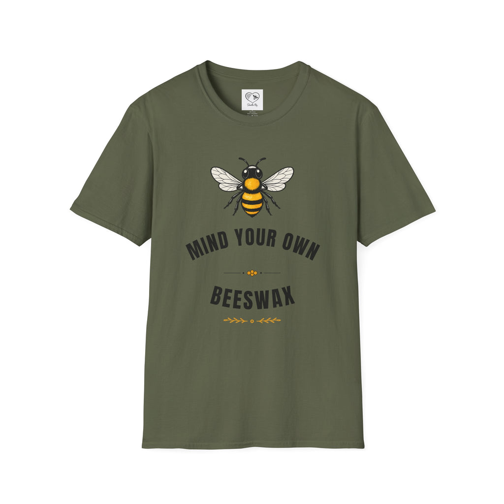 Military green t-shirt with bee and “MIND YOUR OWN” and “BEESWAX” typography