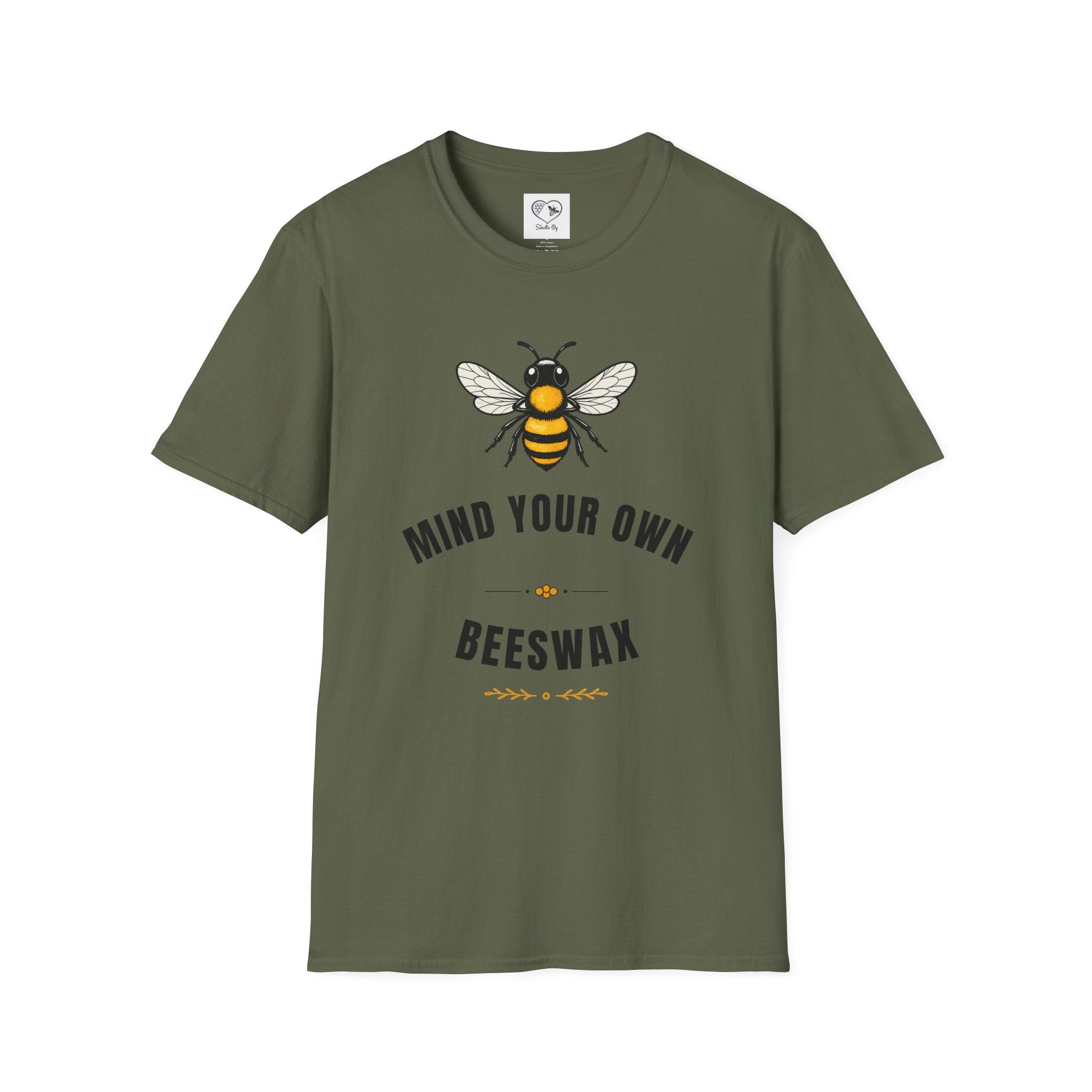 Military green t-shirt with bee and “MIND YOUR OWN” and “BEESWAX” typography