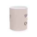 Light pink mug with black-and-yellow bee graphic on side