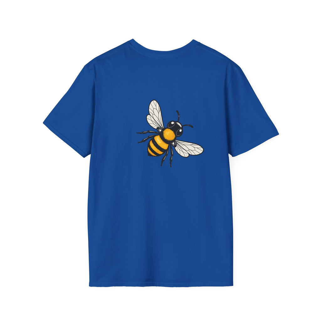 Royal blue T-shirt with centered bee illustration on the back