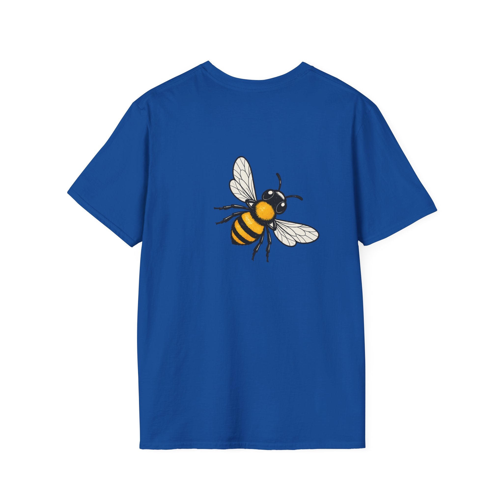 Royal blue T-shirt with centered bee illustration on the back