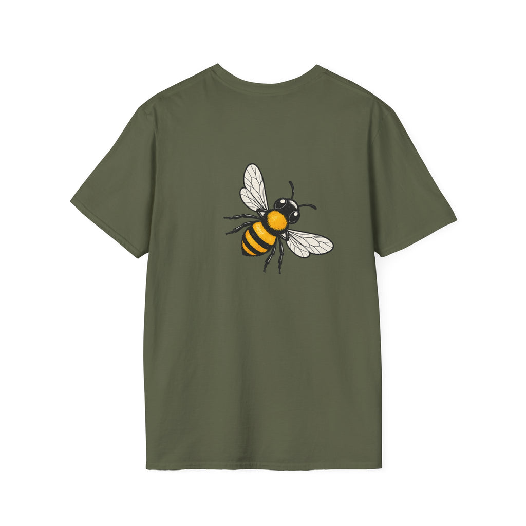 Military green t-shirt with yellow striped bee illustration on chest