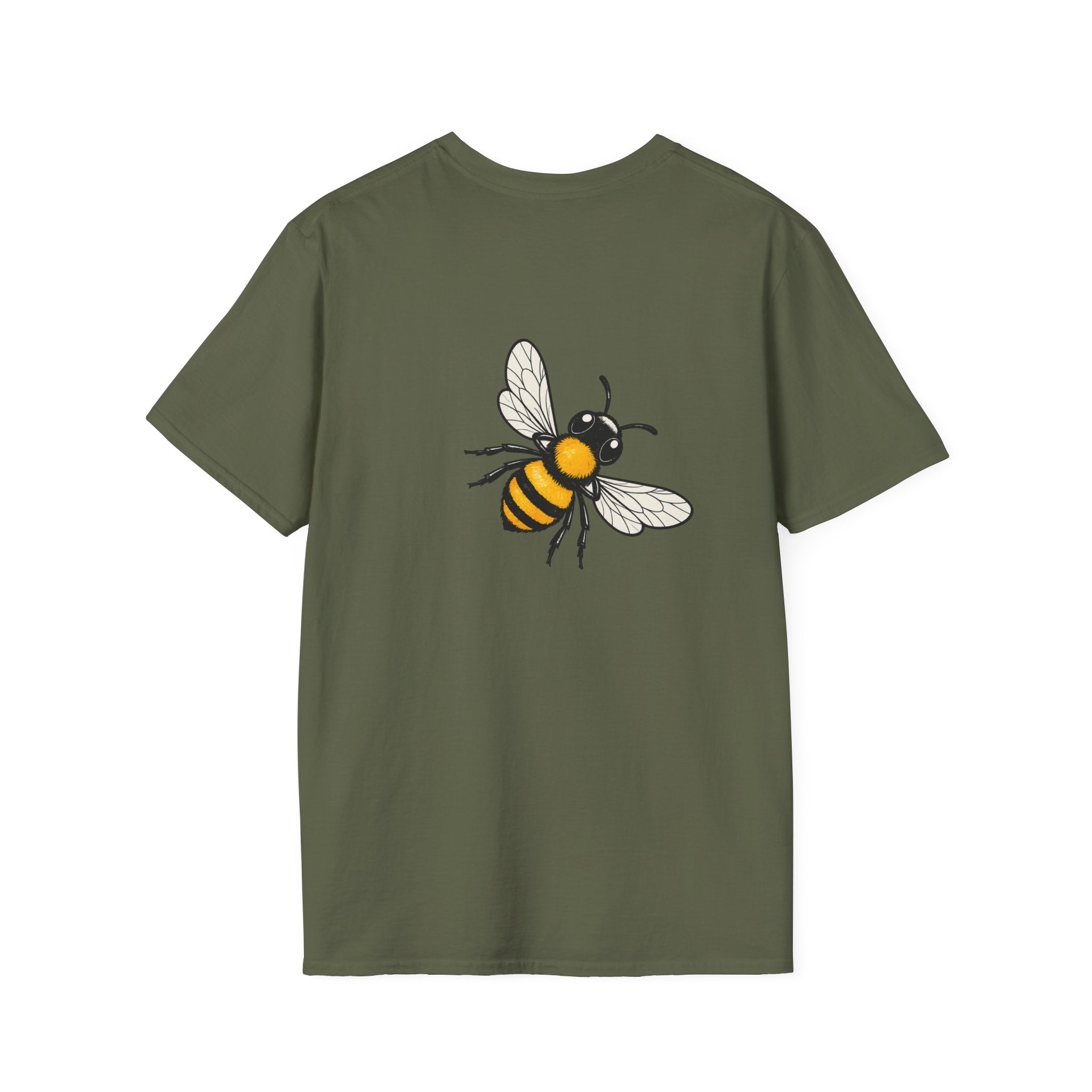 Military green t-shirt with yellow striped bee illustration on chest
