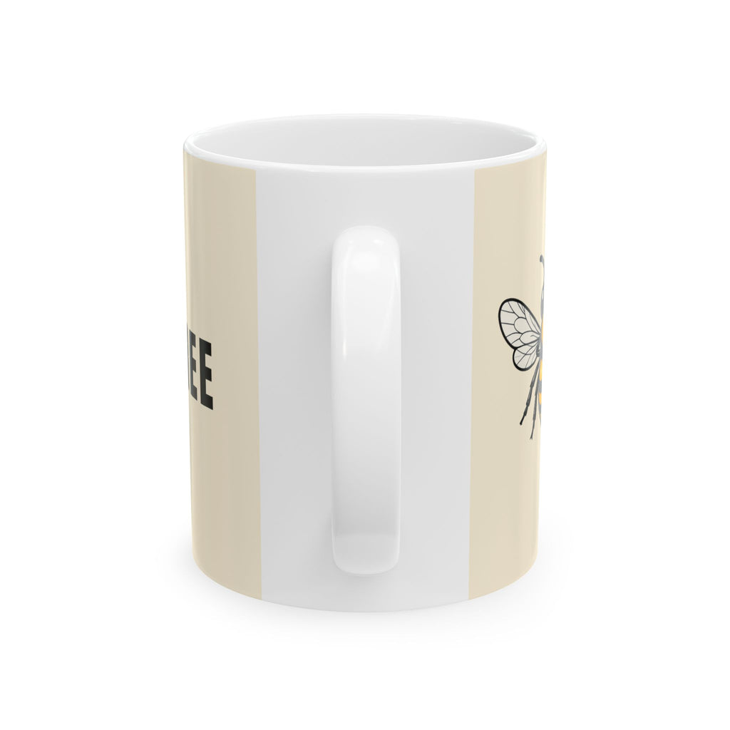 Beige ceramic mug with outlined bee graphic on side