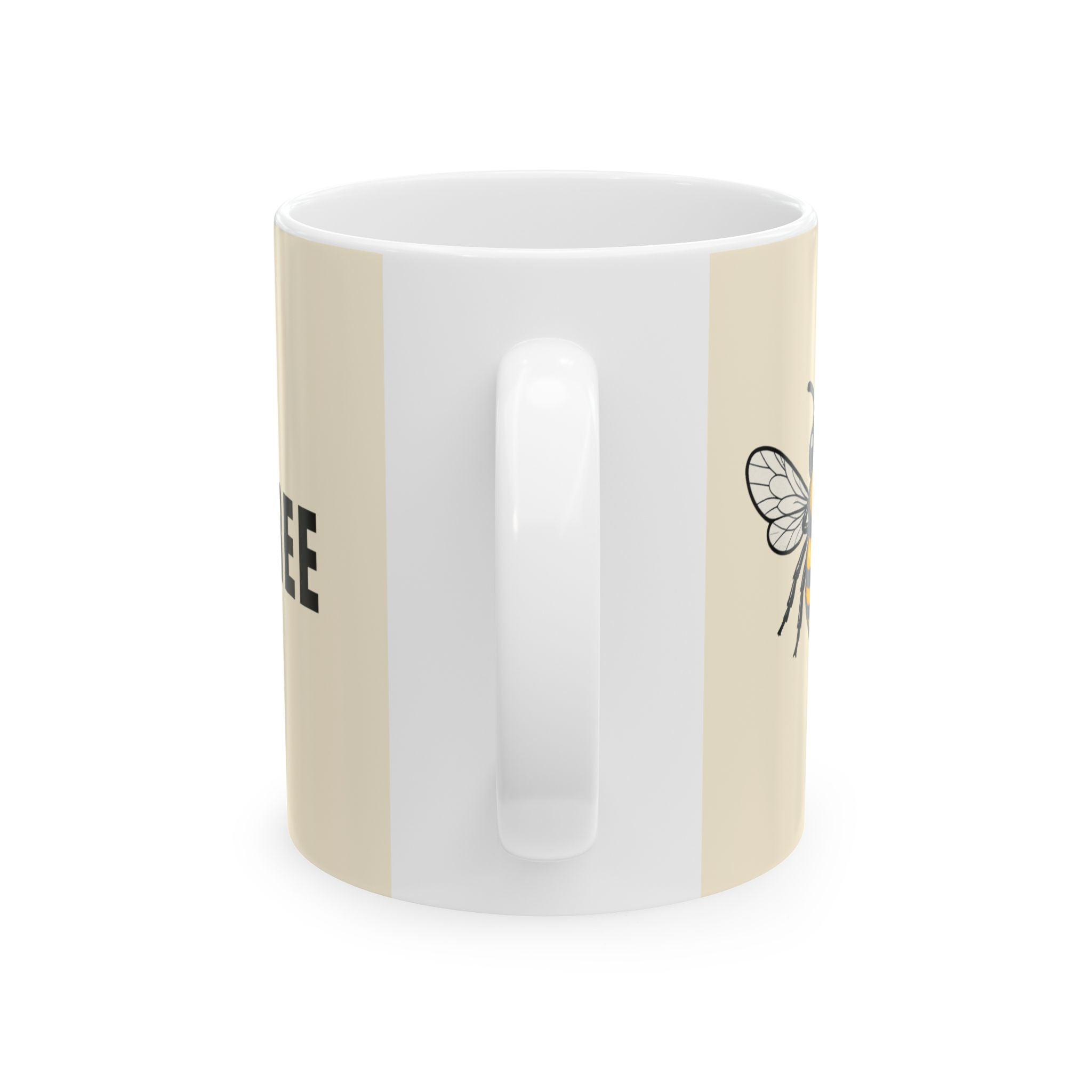 Beige ceramic mug with outlined bee graphic on side
